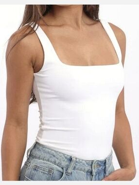DR Dressin White Double Lined Square Neck Tank Style Bodysuit Sz S NWT
